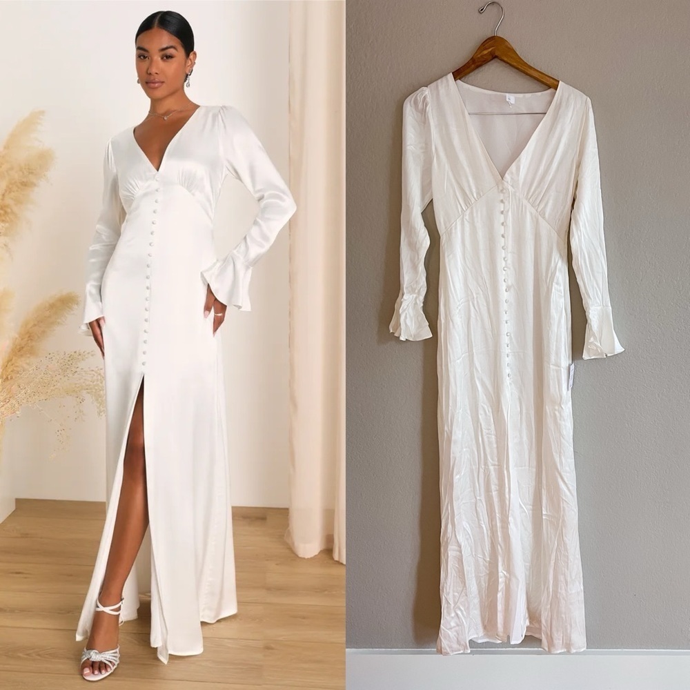 Elegant Celebration White Satin Long Sleeve Slip Maxi Dress